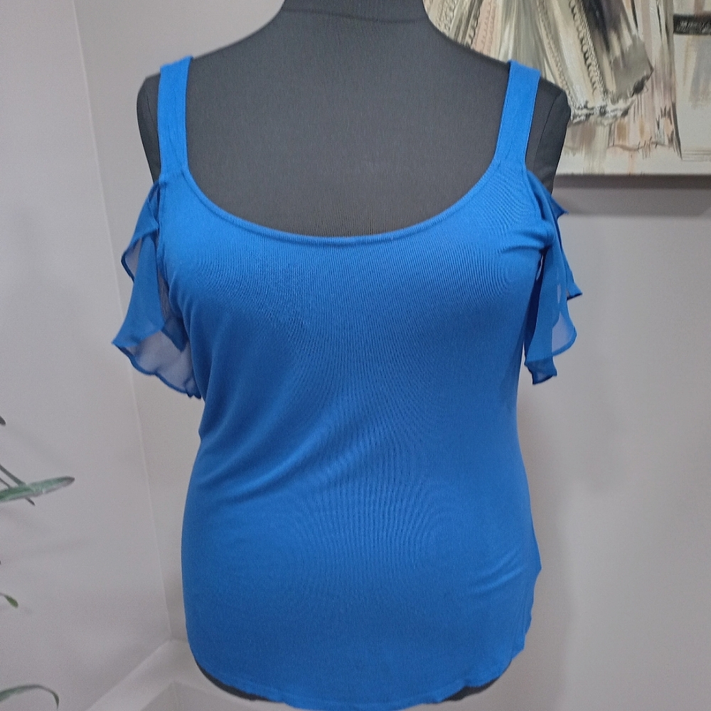 Plus Size Thalia Sodi Royal Blue Sheer Open Shoulder Top